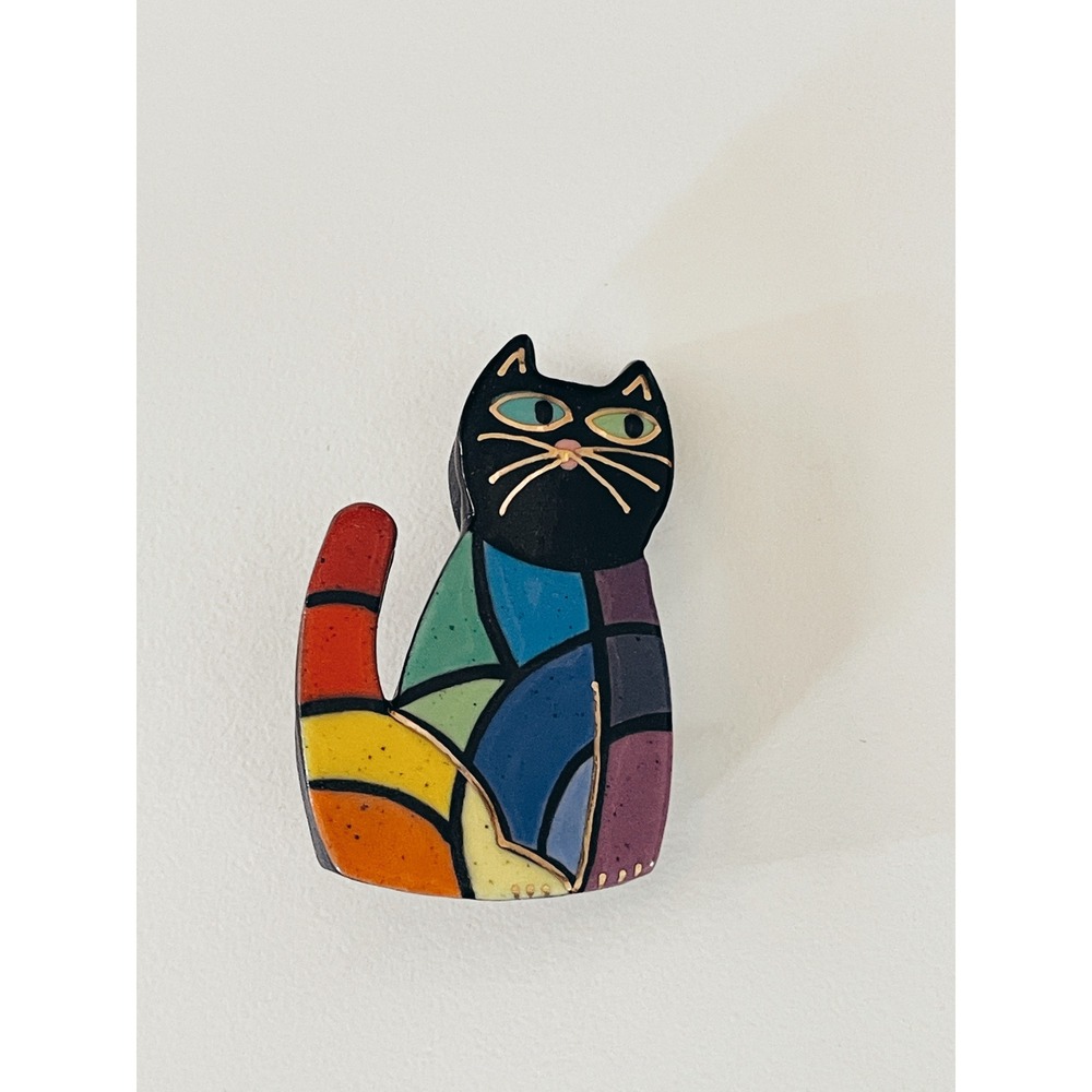 Sean Brown Signed Ceramic Cat Pin Brooch Handmade Artist Modern Rainbow